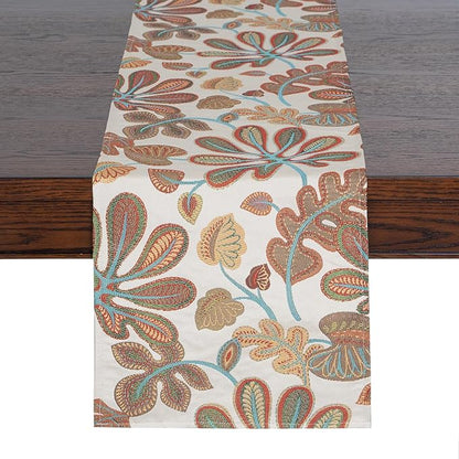 Mika Home Tropical Leaf Table Runner for Home Decor 13X90 Inches Teal Brown Seasonal Dining Table Decoration for Home