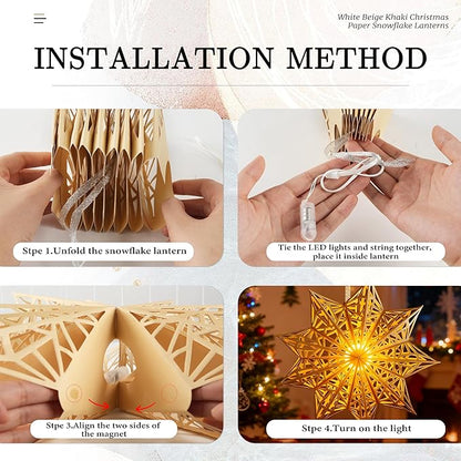 5Pcs Christmas Paper Snowflake Lanterns, Large Christmas Paper Star Lanterns with LED Lights White Beige Khaki Hanging Snowflake Lamps for Xmas Winter Frozen Wedding Birthday Holiday Party Decorations