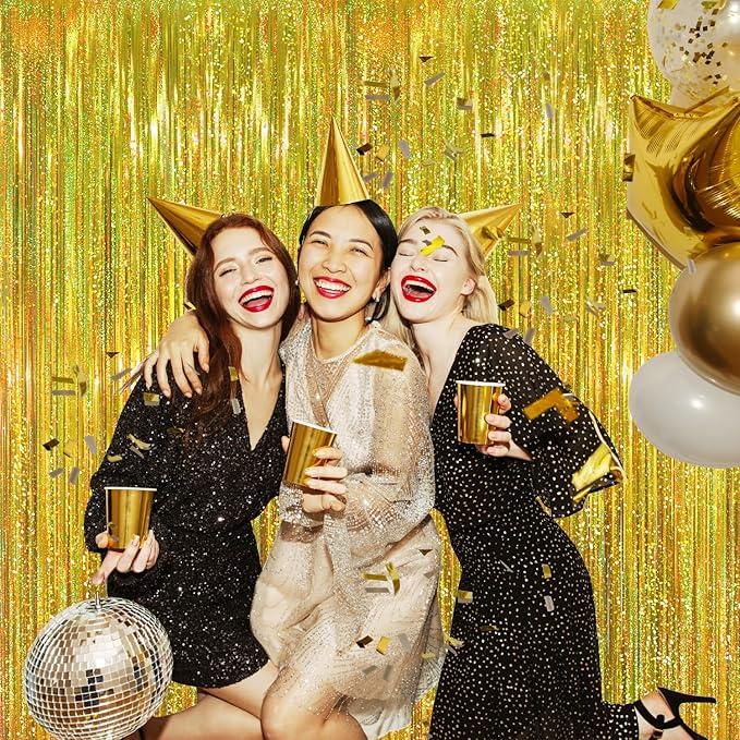 GOER 3.2 ft x 8.2 ft Metallic Tinsel Foil Fringe Curtains Party Photo Backdrop Party Streamers for Birthday,Graduation,New Year Eve Decorations Wedding Decor (3, Shiny Gold)