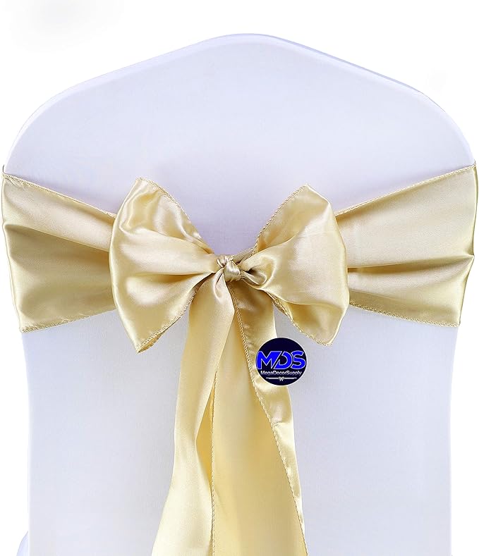 MDS Pack of 50 PCS Satin Chair Sashes Charmeuse Sateen Dining Chair Bows Ribbon Ties Back Sash for Wedding Party Birthday Home Hotel Restaurant Banquet Decoration (7 x 108 Inch, Champagne Gold)