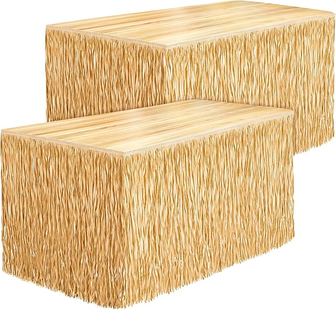 Fovths 2 Packs Luau Grass Table Skirt Fringe Dark Straw Grass Skirt 108 x 30 Inch Hibiscus Hawaiian Table Skirts Rectangle Tropical Luau Party Decorations for Hawaiian Decorations