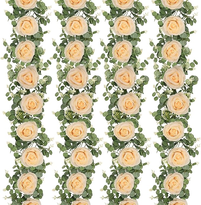 Dolicer 4Pcs 26Ft Artificial Eucalyptus Garlands with Flowers - 8 Roses, Faux Floral Greenery Garlands Fake Flowers Vines for Wedding Table Centerpieces Arch Party Ceremony Backdrop Decor (Champagne)