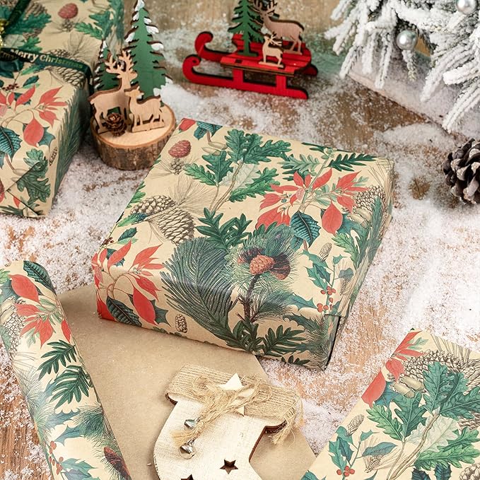 RUSPEPA Kraft Christmas Wrapping Paper Roll, Mini Roll, Watercolor Winter Botanical Design with Pinecones, Holly and Poinsettia, Kraft Gift Wrap for Xmas Holiday, Winter Party, 17 Inches x 16.4 Feet