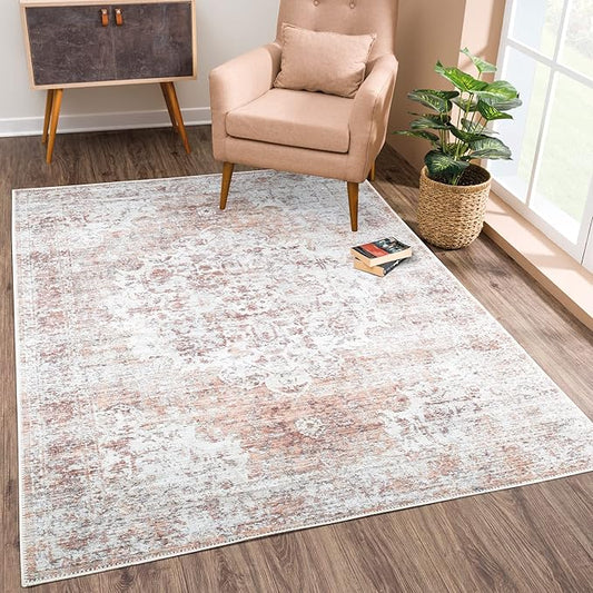 Bloom Rugs Washable Non-Slip 5' x 7' Rug - Ivory/Blush Traditional Area Rug for Living Room, Bedroom, Dining Room, and Kitchen - Exact Size: 5' x 7'