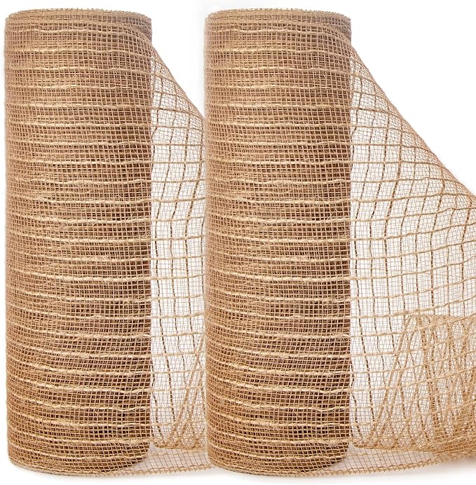 Ribbli 2 Rolls Burlap Mesh Ribbon,10 inch x 30 feet(10Yard) Each Roll,Natural with Jute,Use for Wreath Swags and Decorating