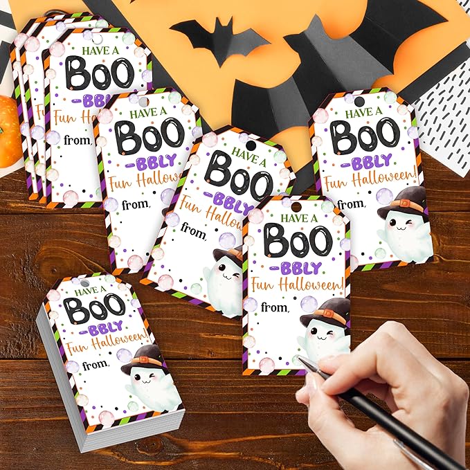 50 Pcs Halloween Tags with String, 2.1"×3.5" Ghost Paper Gifts Tags, Boo Trick or Treat for Candy, Halloween Gifts Tag Wrap for Party Favor - B07