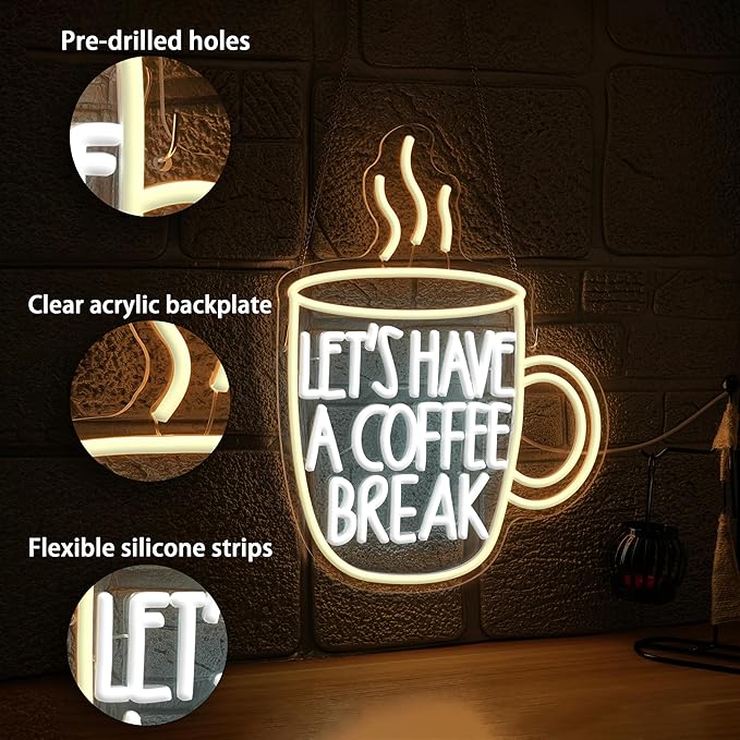 Let’s Have A Coffee Break Neon Sign,Dimmable Coffee Cup Led Light Up Sign for Living Room Bistro Party Kitchen(16.54 * 12.6In)