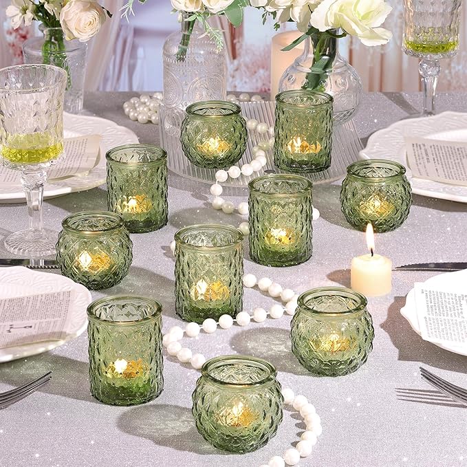 12pcs Assorted Green Votive Candle Holders, Tea Lights Candle Holder for Table Centerpiece, Green Candle Holders for Wedding, Bridal Shower and Tea Party Decorations