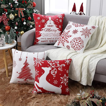 Christmas Pillow Covers 20x20 Set of 4 Farmhouse Christmas Tree Throw Pillow Case Snowflake Reindeer Decoration for Winter Holiday Decor Throw Cushion Case for Home Sofa Couch, Red and White