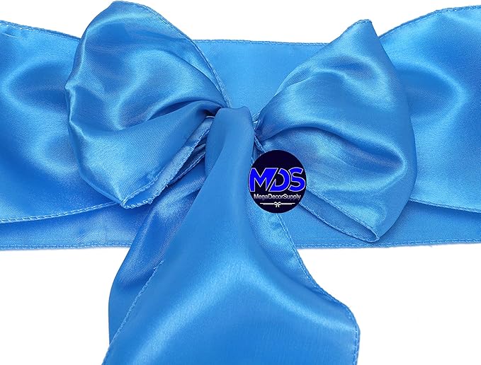 MDS Pack of 200 PCS Satin Chair Sashes Charmeuse Sateen Dining Chair Bows Ribbon Ties Back Sash for Wedding Party Birthday Home Hotel Restaurant Banquet Decoration (7 x 108 Inch, Blue)