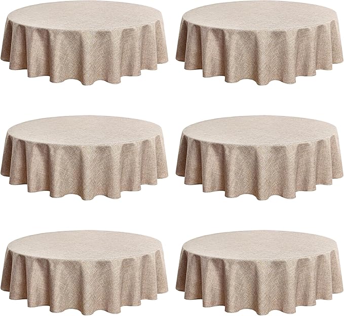 Fitable Faux Linen Round Tablecloths 90 Inch, 6 Pack - Fabric Textured Table Clothes for Round Folding Tables, Washable Neutral Table Covers for Wedding, Party, Banquet, Birthday, Nature Color