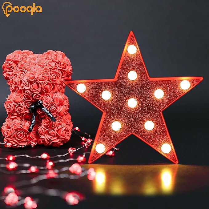 Pooqla Star Marquee Lights, Glitter LED Marquee, Red Light Up Star - Battery Powered Night Light for Birthday Party, Wedding, Christmas Decoration