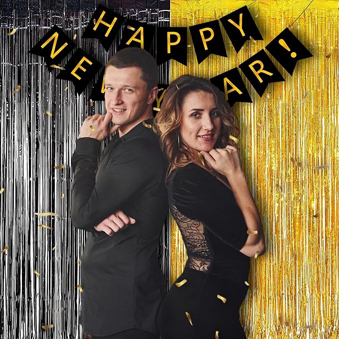 BRAVESHINE Black Gold Foil Fringe Curtain Backdrop - 2 Pack 3.2 x 8.2 ft Metallic Tinsel Photo Booth Streamers Curtains for 50th Birthdays Christmas New Years Anniversary Graduates Party Decorations