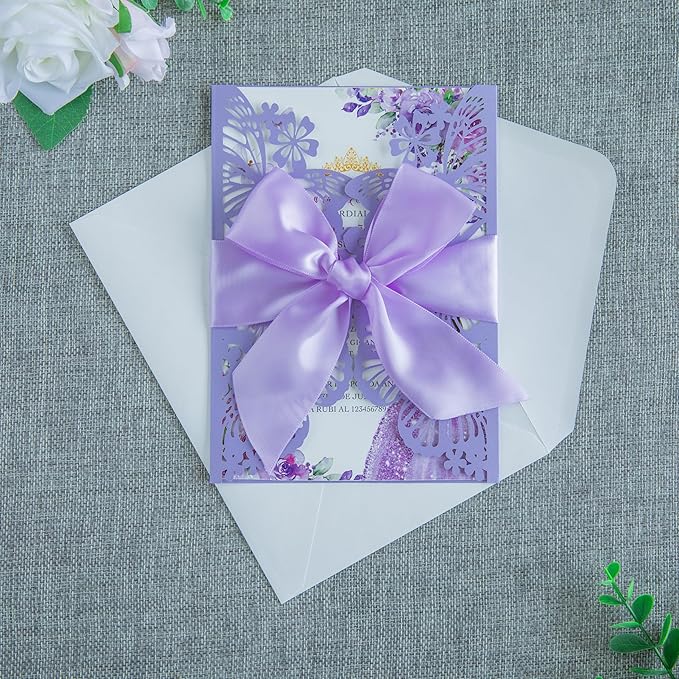 20 PCS 5.12x7.2 Butterfly Personalized Quinceanera Invitation, Customized XV Anos Laser Cut Invitation Cards with Envelopes (Violet Personalized)
