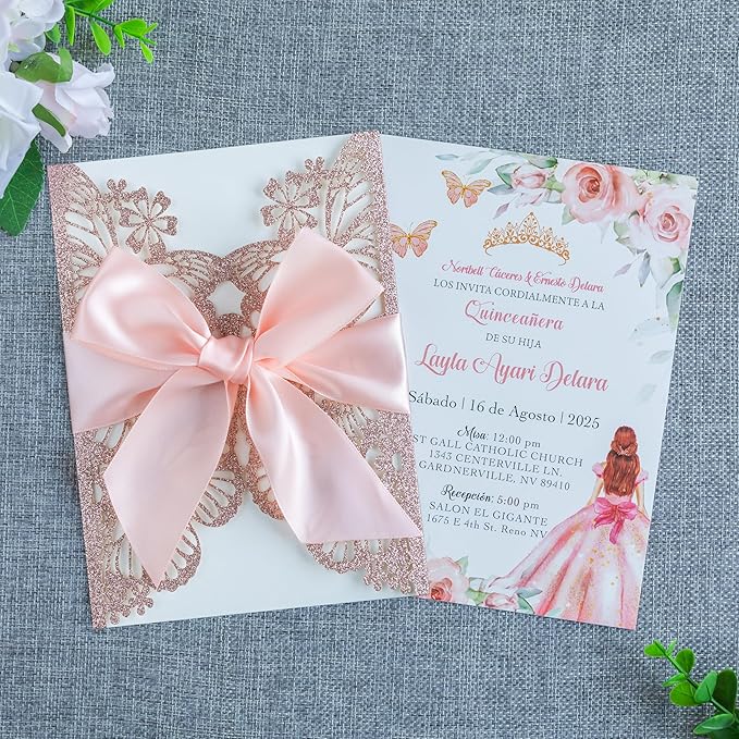 20 PCS 5.12x7.2 Butterfly Personalized Quinceanera Invitation, Customized XV Anos Laser Cut Invitation Cards with Envelopes (Rose Gold Personalized)