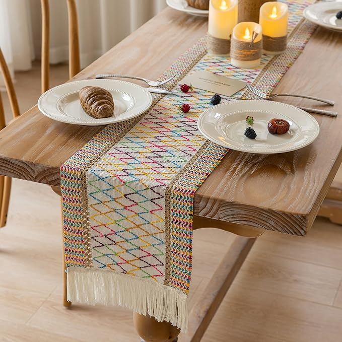 Keketo Boho Table Runner Colorful for Home Decor 12x72 Inches Farmhouse Macrame Burlap Jute Rustic Dining Kitchen Centerpiece Bohemian Decor French Country Baby Bridal Shower Decorations