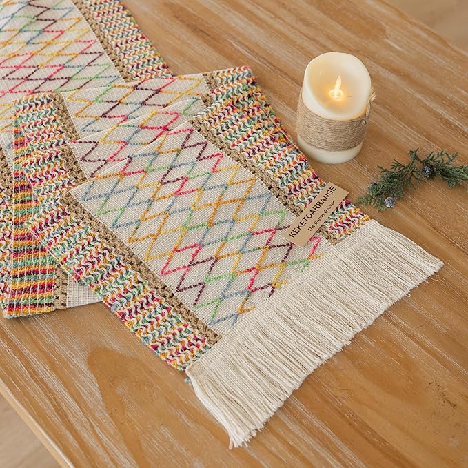 Boho Table Runner Colorful for Home Decor 12x90 Inches Farmhouse Macrame Burlap Jute Rustic Dining Kitchen Centerpiece Bohemian Decor French Country Baby Bridal Shower Decorations
