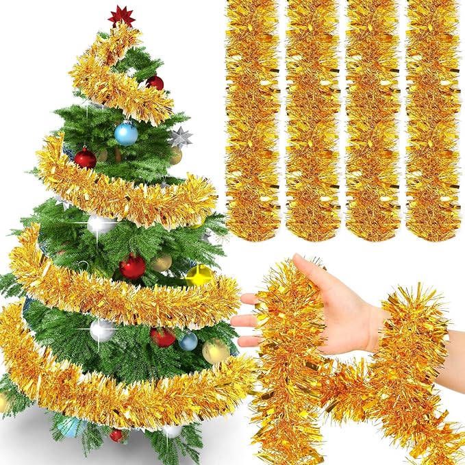 72 Feet Christmas Tinsel Garland Shiny Metallic Tinsel Twist Garland Streamers Ornaments Long Glitter Christmas Tree Hanging Decorations for Party Holiday Wedding Birthday Tree Wall Rail (Gold)