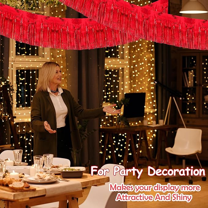 4 Pack 10 Feet Glitter Red Parade Float Decorations for Trailer Car, Glitter Foil Fringe Metallic Tinsel Streamers Banner Garland for Graduation Weeding Homecoming Birthday Party (Glitter- Red)