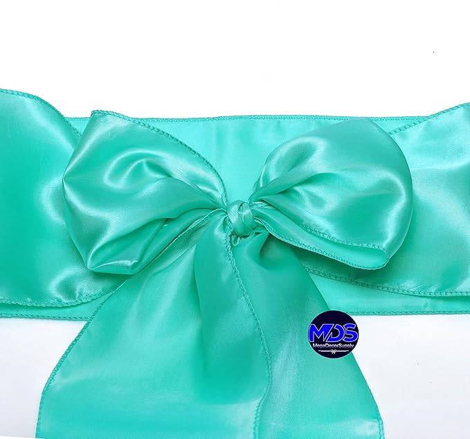 MDS Pack of 125 PCS Satin Chair Sashes Charmeuse Sateen Dining Chair Bows Ribbon Ties Back Sash for Wedding Party Birthday Home Hotel Restaurant Banquet Decoration (7 x 108 Inch, Sea Green)