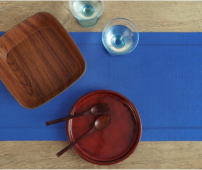 Solino Home Linen Royal Blue Table Runner 72 Inches Long - 100% Pure Linen Hemstitch Table Runner 14 x 72 Inch for Dresser, Dining, Christmas - Classic Hemstitch
