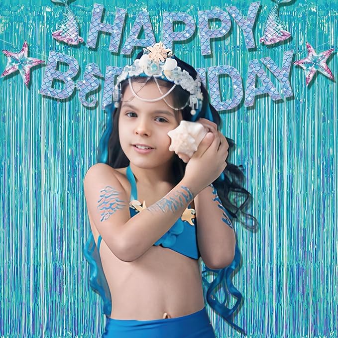 BRAVESHINE Party Decorations Iridescent Foil Fringe Backdrop - 2 Packs 3.2 x 6.5 ft Holographic Tinsel Backdrop Party Streamers Curtain for Birthdays Mermaid Sea Frozen Christmas Parties - Clear Blue