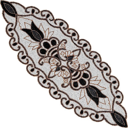 36" Decorative Beaded Table Runner - Handcrafted Floral Design with Durable Polyester Backing for Dining, Coffee Table & Special Occasions (Black White Brown) - CLEENTABLE