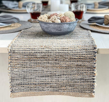 Chardin home Natural Jute Table Runner 13x72 Inch – Vintage Boho Rustic Table Decor – Handwoven Table Runner in Natural Jute and Grey – Farmhouse Dining or Console Table Accent