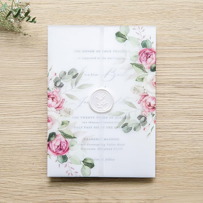 PONATIA 50 PCS Vellum Jackets for 5x7 Invitation Cards - Dusty Rose Flowers Vellum Sleeves, Transparent Gift Card Jackets
