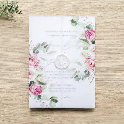 PONATIA 50 PCS Vellum Jackets for 5x7 Invitation Cards - Dusty Rose Flowers Vellum Sleeves, Transparent Gift Card Jackets