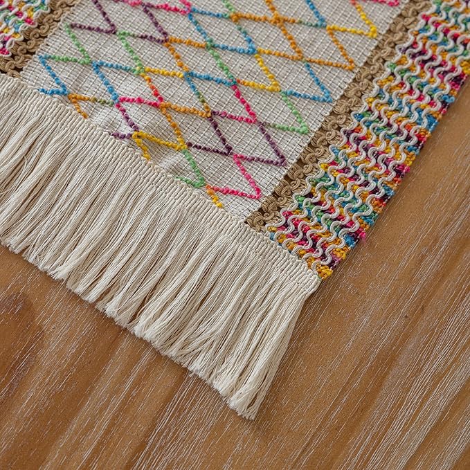 Boho Table Runner Colorful for Home Decor 12x48 Inches Farmhouse Macrame Burlap Jute Rustic Dining Kitchen Centerpiece Bohemian Decor French Country Baby Bridal Shower Decorations