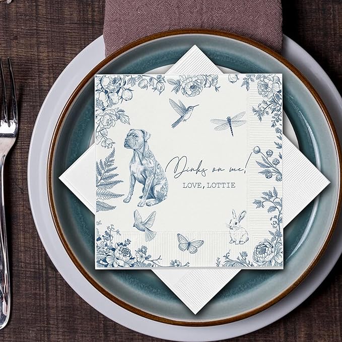 Luxury Personalized Dog Wedding Napkins, Custom Wedding Cocktail Napkins, Blue Floral Cocktail Napkin, Napkin for Pet Lovers, Anniversary, Bridal, Engagement Party, Bridal Shower
