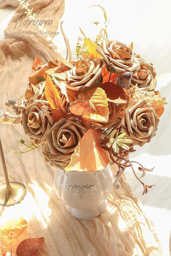 Floroom Artificial Flowers 25pcs Real Looking Antique Gold Foam Fake Roses with Stems for DIY Wedding Bouquets Bridal Shower Centerpieces Floral Arrangements Party Tables Home Decorations