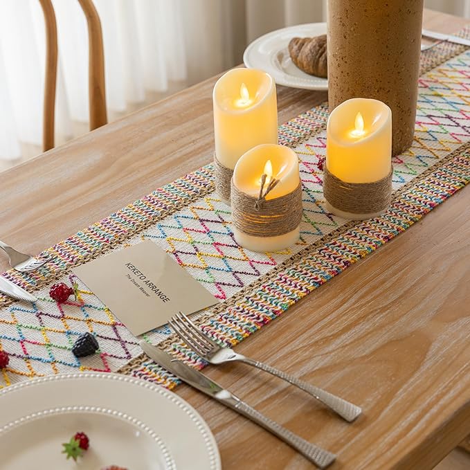 Boho Table Runner Colorful for Home Decor 12x48 Inches Farmhouse Macrame Burlap Jute Rustic Dining Kitchen Centerpiece Bohemian Decor French Country Baby Bridal Shower Decorations
