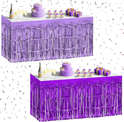 2 Pack Light Purple Dark Purple Table Skirts, 29x108" Metallic Foil Tinsel Fringe Table Skirt for Rectangle Tables Streamer Curtains Backdrop, Party Decorations for Birthdays, Weddings, Holidays
