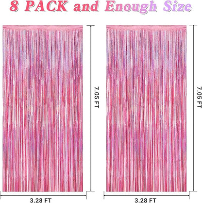 8 Pack Pink Backdrop, 3.28 FT x 7.05 FT Fringe Curtains, Metallic Glitter Pink Fringe Party Streamer Foil Curtains Tinsel Backdrop, Pink Decorations Bachelorette Party Supplies Birthday Decor