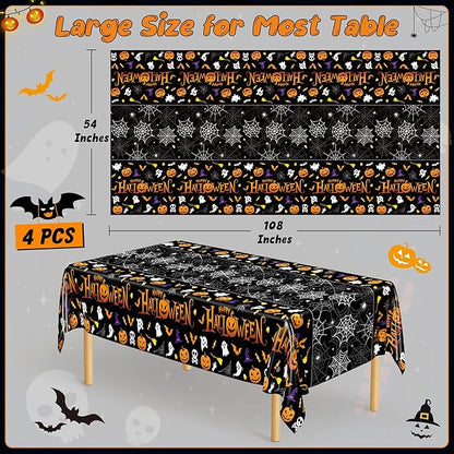 QZYL 4 Pack Halloween Tablecloth, 54" x 108" Halloween Decorations, Pumpkin Design Disposable Tablecover Plastic Table Cloth, Spider Webs Decorations Party Supplies Tableware Indoor
