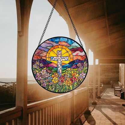 Stained Glass Window Hanging - Cross Flower Sea Sun Catcher for Door Terrace Garden Home Decor, Mountains Landscape Suncatcher Birthday Gifts for Lovers Women Men Dad Mom Nana 11.8 in
