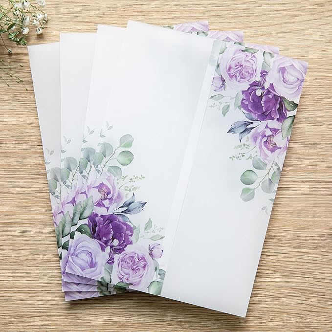 PONATIA 50 PCS Purple Vellum Jackets for 5x7 Invitation Cards- 135GSM Lilac Floral Printed Vellum Sleeves, Quinceanera Wedding Invitation Cards Wraps, Transparent Christmas Gift Cards Jackets
