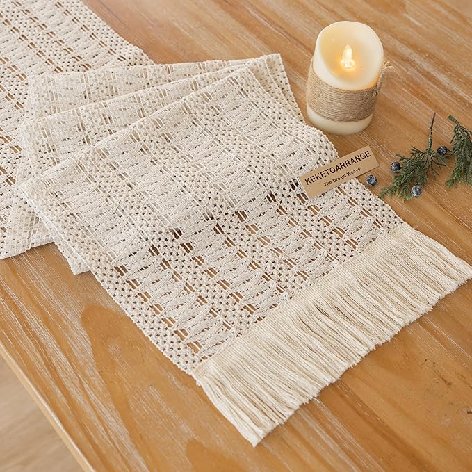 Boho Table Runner White for Home Decor 12x48 Inches Farmhouse Macrame Burlap Jute Rustic Dining Kitchen Centerpiece Bohemian Decor French Country Baby Bridal Shower Decorations