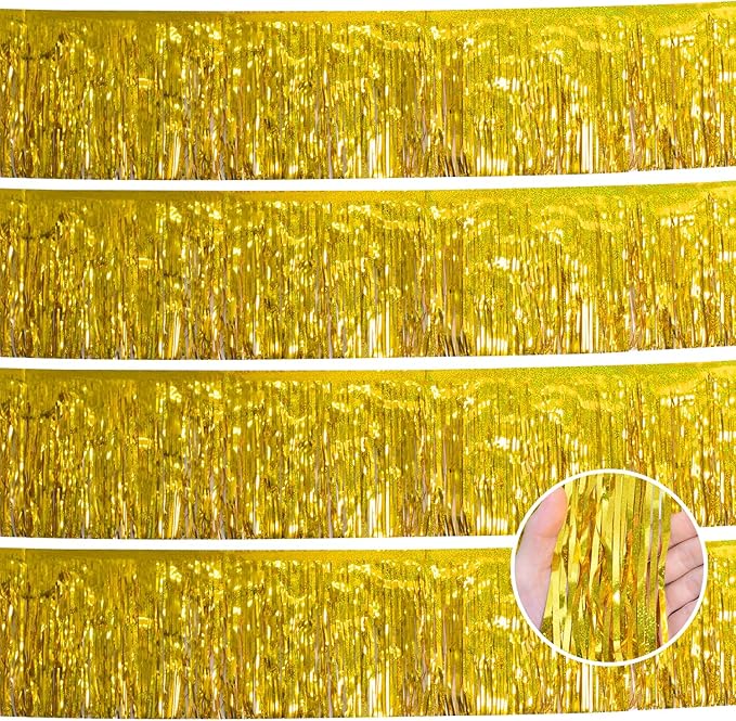 Laser Gold Christmas Decorations Tinsel Garland Parade Float Decorations for Trailer 4Pack 12FT Christmas Party Decor Ceiling Fringe Banner Gold Backdrop for Streamers Party Decorations