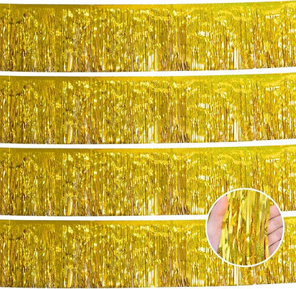 Laser Gold Christmas Decorations Tinsel Garland Parade Float Decorations for Trailer 4Pack 12FT Christmas Party Decor Ceiling Fringe Banner Gold Backdrop for Streamers Party Decorations