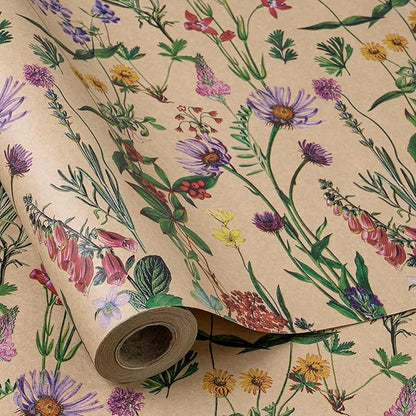 RUSPEPA 30" X 32.8' Wildflower Floral Wrapping Large Kraft Paper Roll for Women, Jumbo Roll, Herbal Kraft Wrapping Paper for Christian Gifts, Birthdays, Weddings, Bridal Shower, Engagement, 82 sq.ft