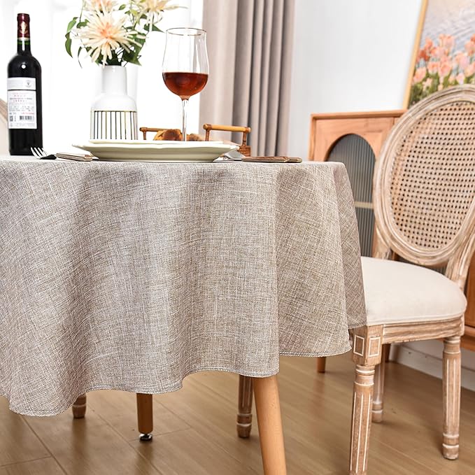 Fitable Faux Linen Round Tablecloths 90 Inch, 6 Pack - Fabric Textured Table Clothes for Round Folding Tables, Washable Neutral Table Covers for Wedding, Party, Banquet, Birthday, Nature Color