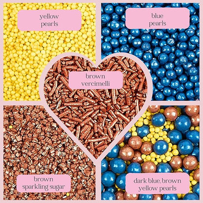 Sprinkles - Confect Sprinkles for Cakes & Cupcakes Decoration Assorted pack of 5 ?Graduation Day Mix Yellow, Copper & Navy Blue Pearl Dragees Copper Jimmies Bronze Sparkling Sugar | Vegan, Gluten-Free, Nut-Free, Soy-Free, Dairy-Free, Palm Oil-Free- 5 Oz