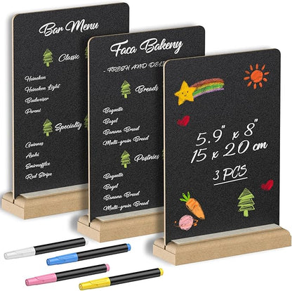 Uniclife 3 Pack Small Chalkboard Sign with Stand & Chalk Markers Double-Sided Wooden Chalk Board Sign for Tables Reusable Message Board Menu Board for Wedding Party Restaurant Food Display