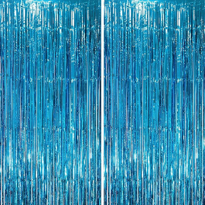 2 Pack Retro Blue Foil Fringe Backdrop Curtains, Tinsel Streamers Party Decorations, Fringe Backdrop, Door Shimmer for Retro Theme Party