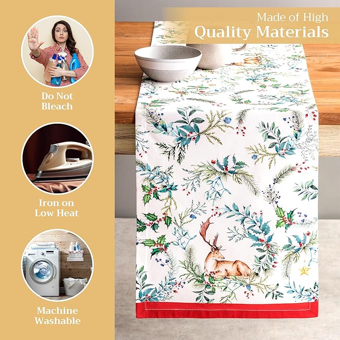 Maison d' Hermine Table Runner 100% Cotton Single Layer Table Runners 108 inches Long for Thanksgiving Christmas Decorations Home Kitchen Dining Party Wedding (Holly Time, 14.5" x 108")