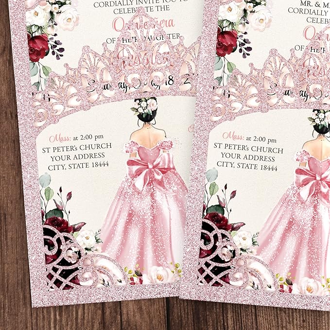 50Pcs Pink Crown Quinceanera Invitation Burgundy for 15 year, Sweet 16, Miss XV, Birthday Laser Cut Quince Invitation Cards Personalized Glitter Pink