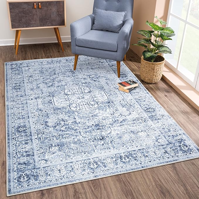 Bloom Rugs Washable Non-Slip 6' x 9' Rug - Ivory/Denim Blue Traditional Medallion Area Rug for Living Room, Bedroom, Dining Room, and Kitchen - Exact Size: 6' x 9'